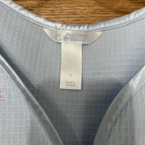 Adonna Women's Waffle Knit Light Sky Blue Embroidered Satin Trim Robe Size L - Picture 4 of 7